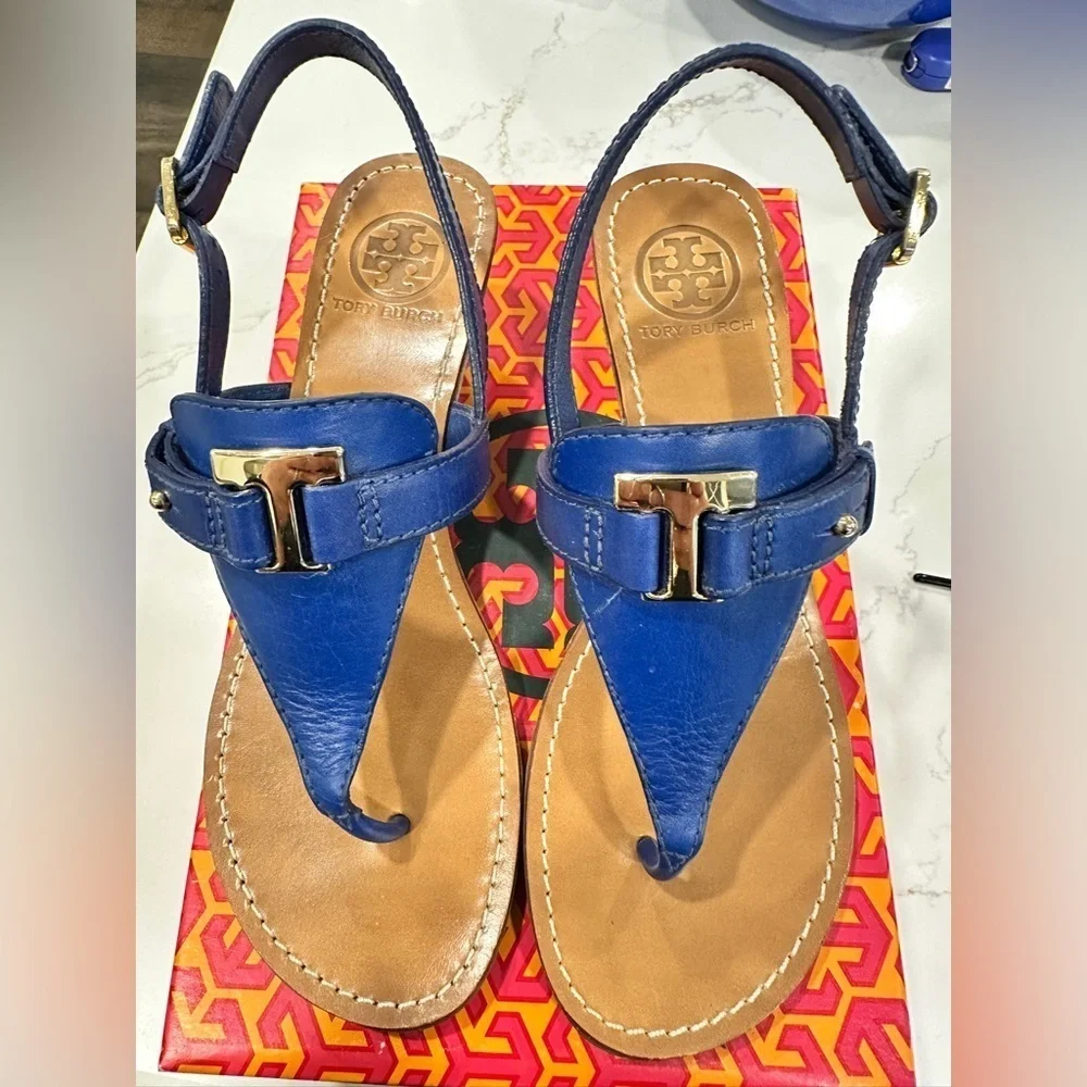 Tory Burch Royal Blue Casey Leather Sandals (Size 8)